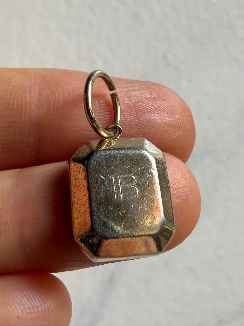 Vintage brass gold metal Octagonal initial “B” engraved Pendant Charm dainy